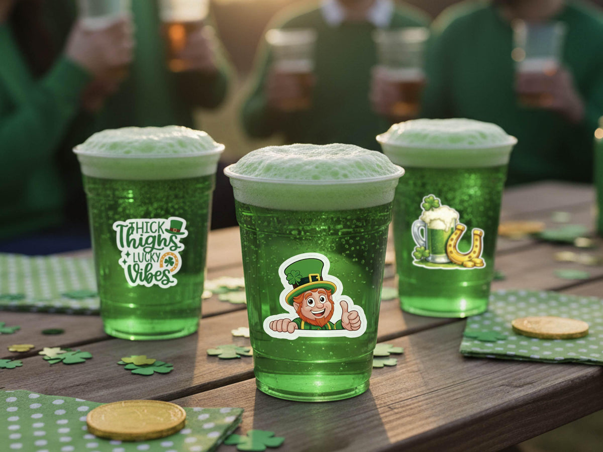 St Patrick’s Day Stickers for Custom Party Cups, Shamrock Stickers, Irish Gifts, Lucky Four Leaf Clover Decals, Party Favors