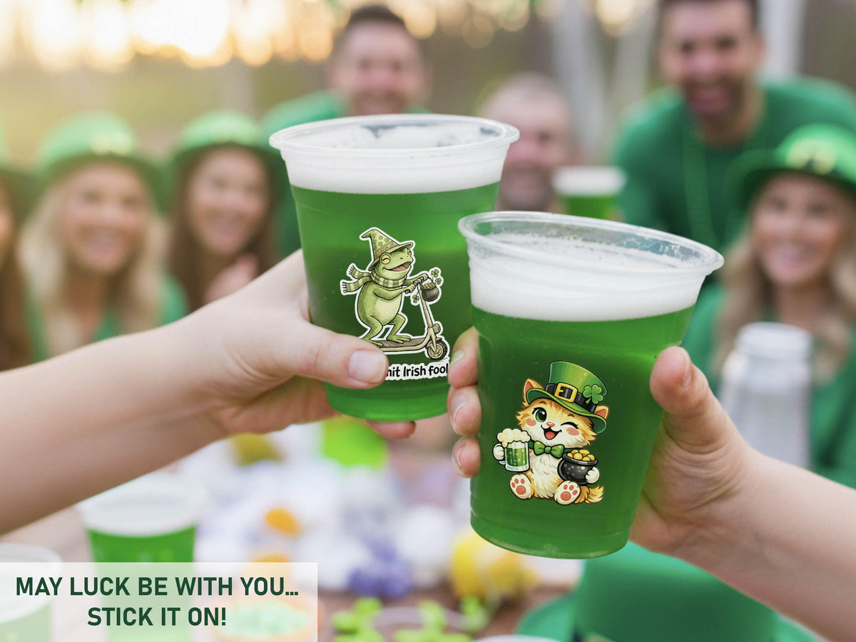 St Patrick’s Day Stickers for Custom Party Cups, Shamrock Stickers, Irish Gifts, Lucky Four Leaf Clover Decals, Party Favors