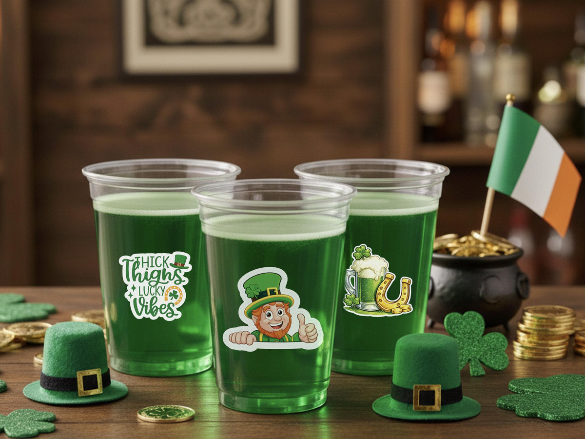 St Patrick’s Day Stickers for Custom Party Cups, Shamrock Stickers, Irish Gifts, Lucky Four Leaf Clover Decals, Party Favors