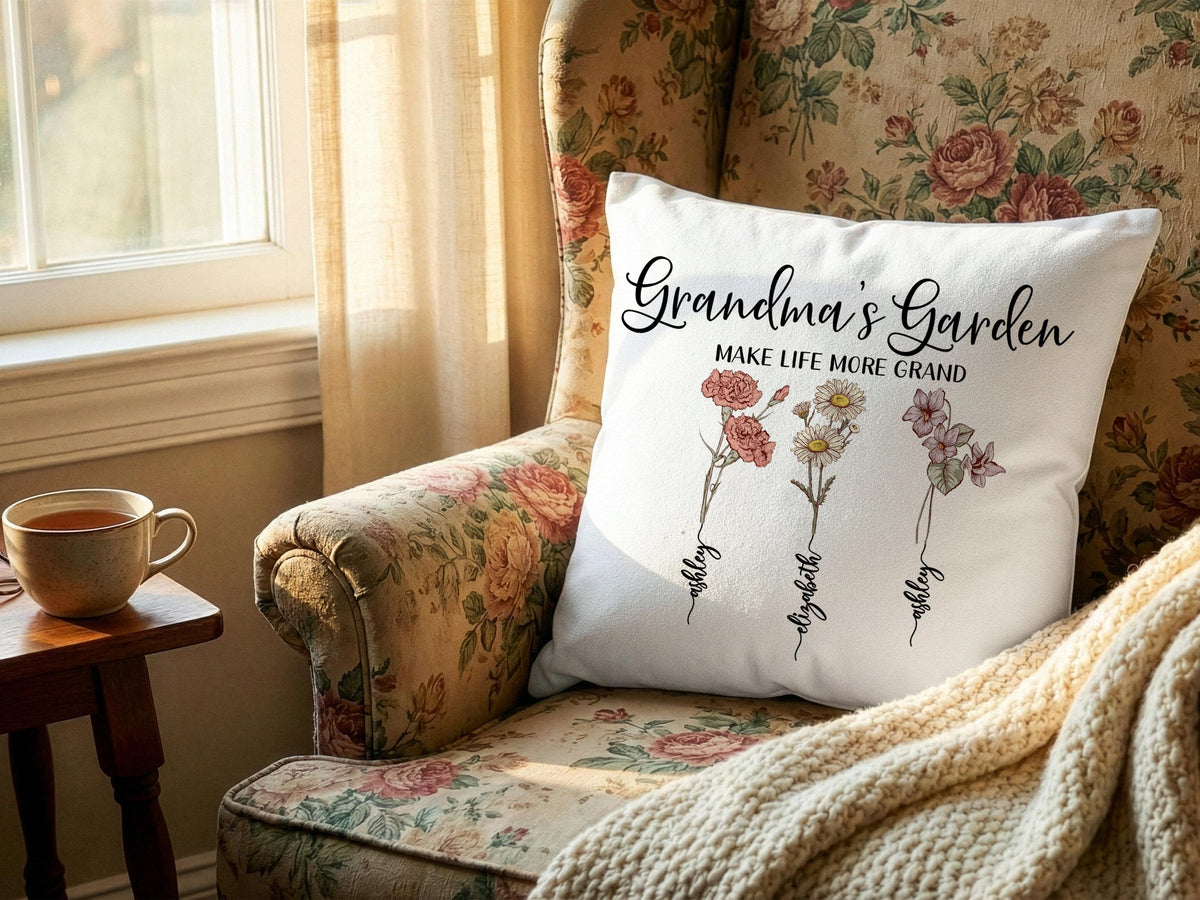 Mom Gifts, Custom Birth Month Flower w/Kids Name Family Throw Pillow Cover, Grandma's Garden Mom Flower Gift, Personalized Mothers Day Gifts