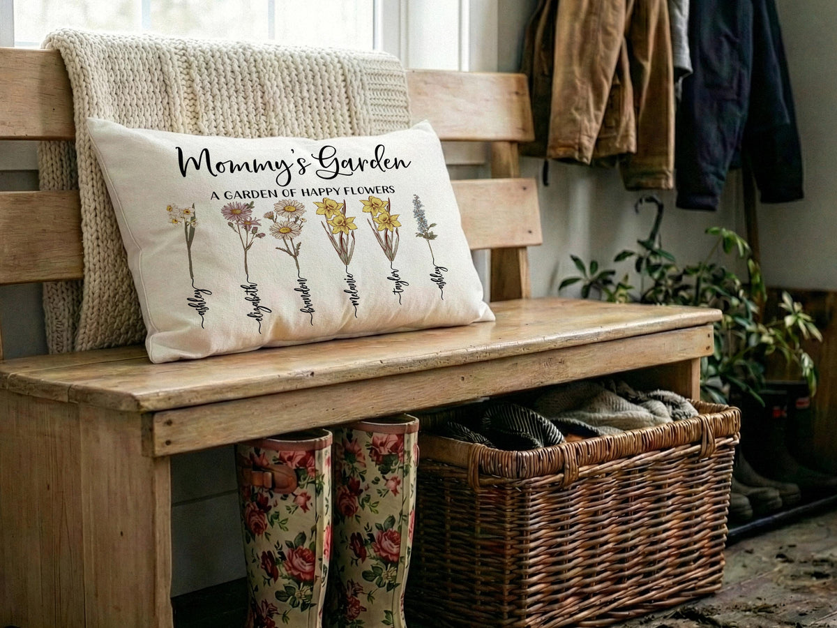 Mom Gifts, Custom Birth Month Flower w/Kids Name Family Throw Pillow Cover, Grandma's Garden Mom Flower Gift, Personalized Mothers Day Gifts