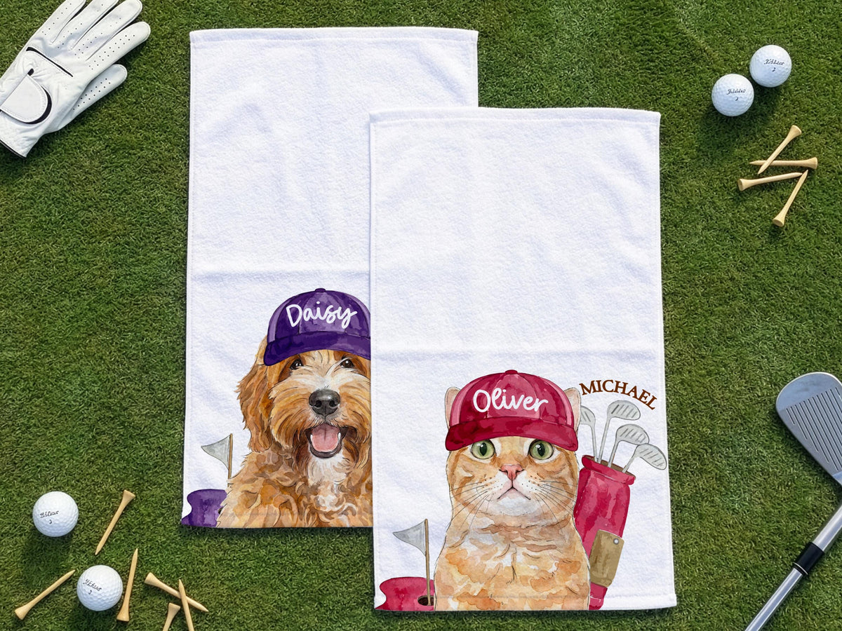 Personalized Pet Portrait Golf Towel with Photo, Dog Dad & Dog Mom Gifts, Cat Dog Lover, Pet Memorial Keepsake