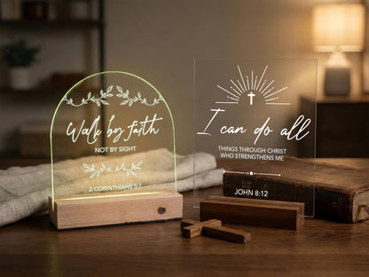 Personalized Christian Gift Bible Verse Night Light, Christian LED Sign, Religious Gift, Faith Decor Sign, Scripture Light with Wooden Base