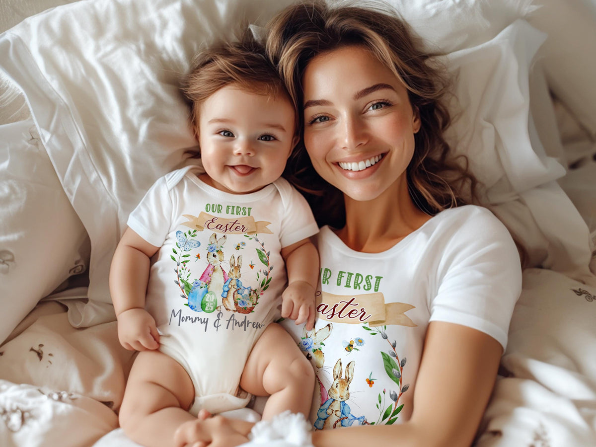 Personalized First Easter Outfit, Mommy and Me Matching Shirts, Custom Baby Bodysuit, Spring Bunny Shirt Gift