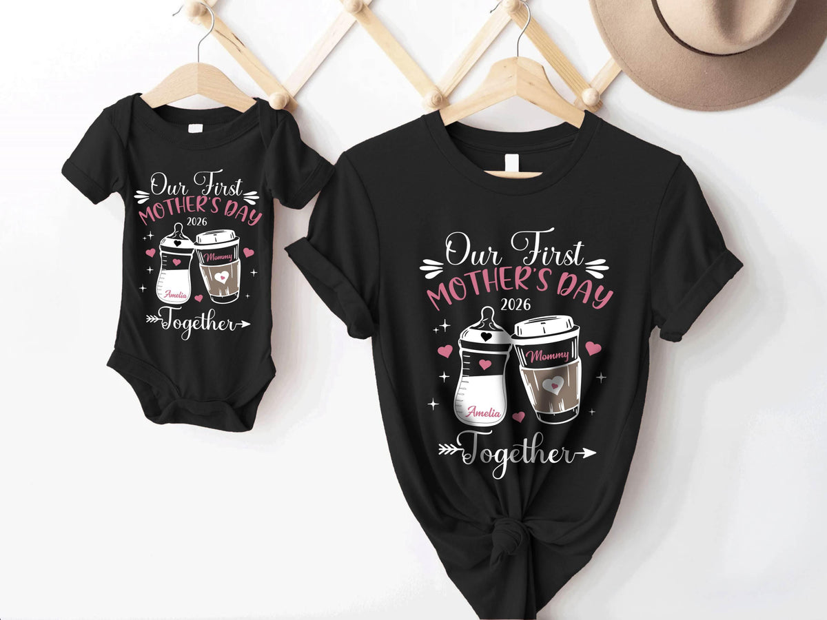 Our First Mothers Day Matching Shirt, Baby Bottle and Cup of Coffee Mothers Day Matching Outfit, First Mothers Day Shirt 2026, New Mom Gifts