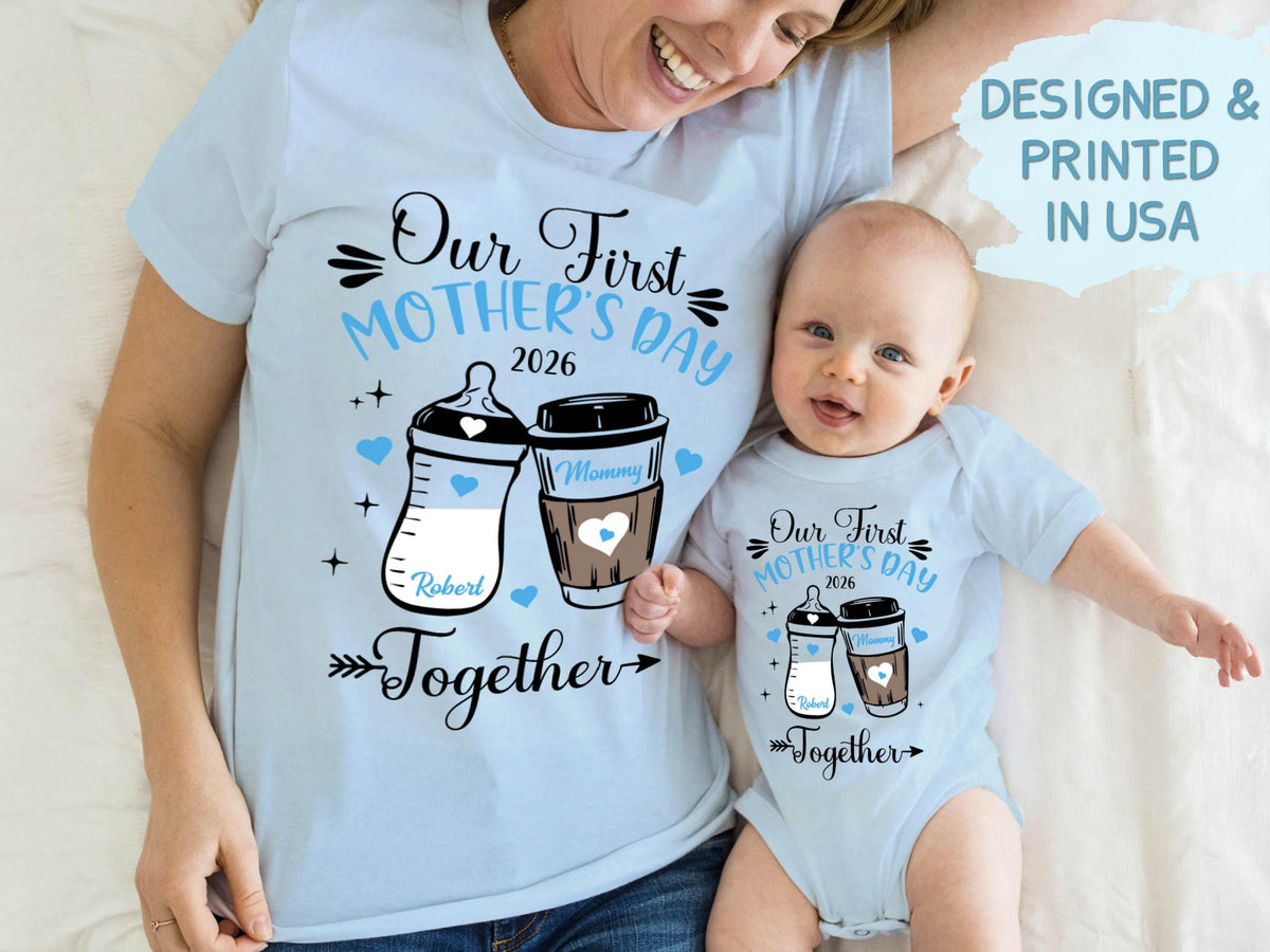 Our First Mothers Day Matching Shirt, Baby Bottle and Cup of Coffee Mothers Day Matching Outfit, First Mothers Day Shirt 2026, New Mom Gifts