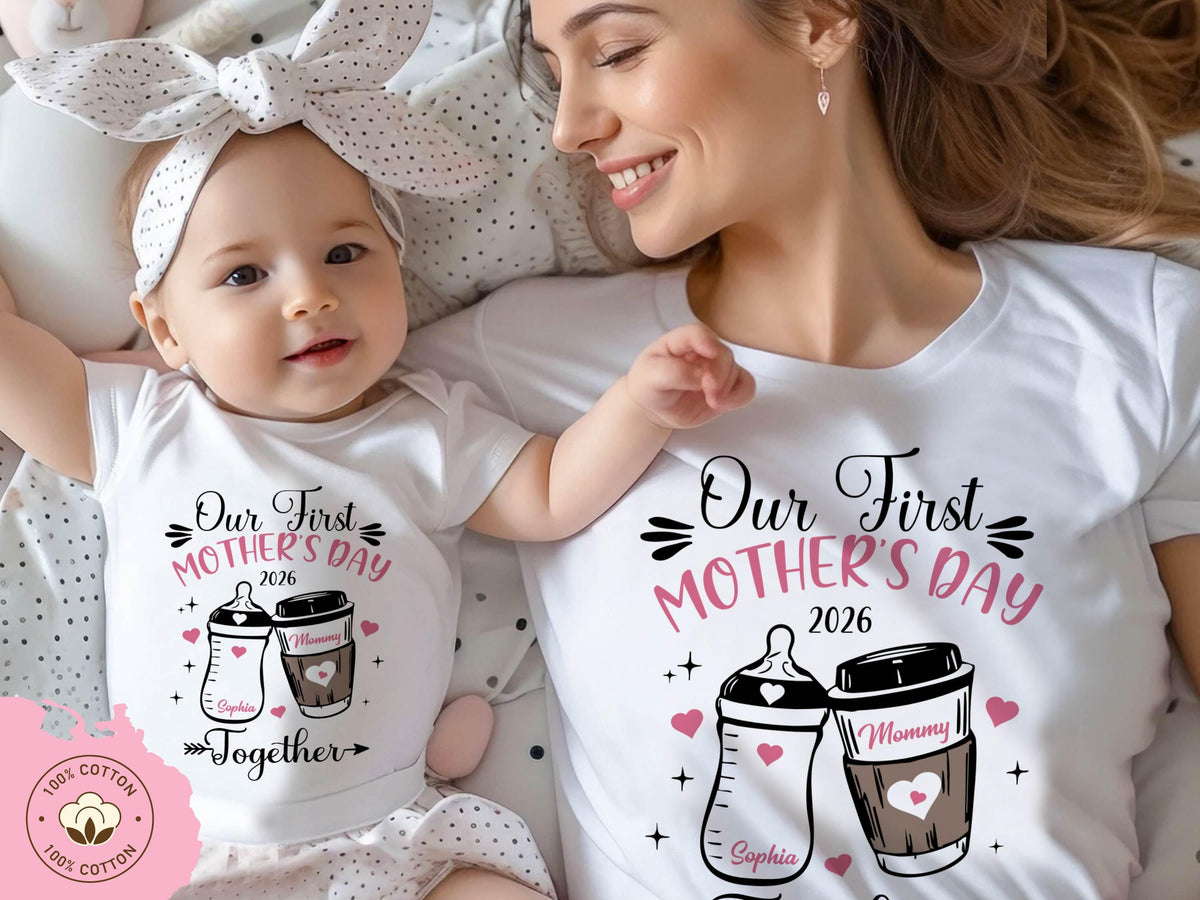 Our First Mothers Day Matching Shirt, Baby Bottle and Cup of Coffee Mothers Day Matching Outfit, First Mothers Day Shirt 2026, New Mom Gifts