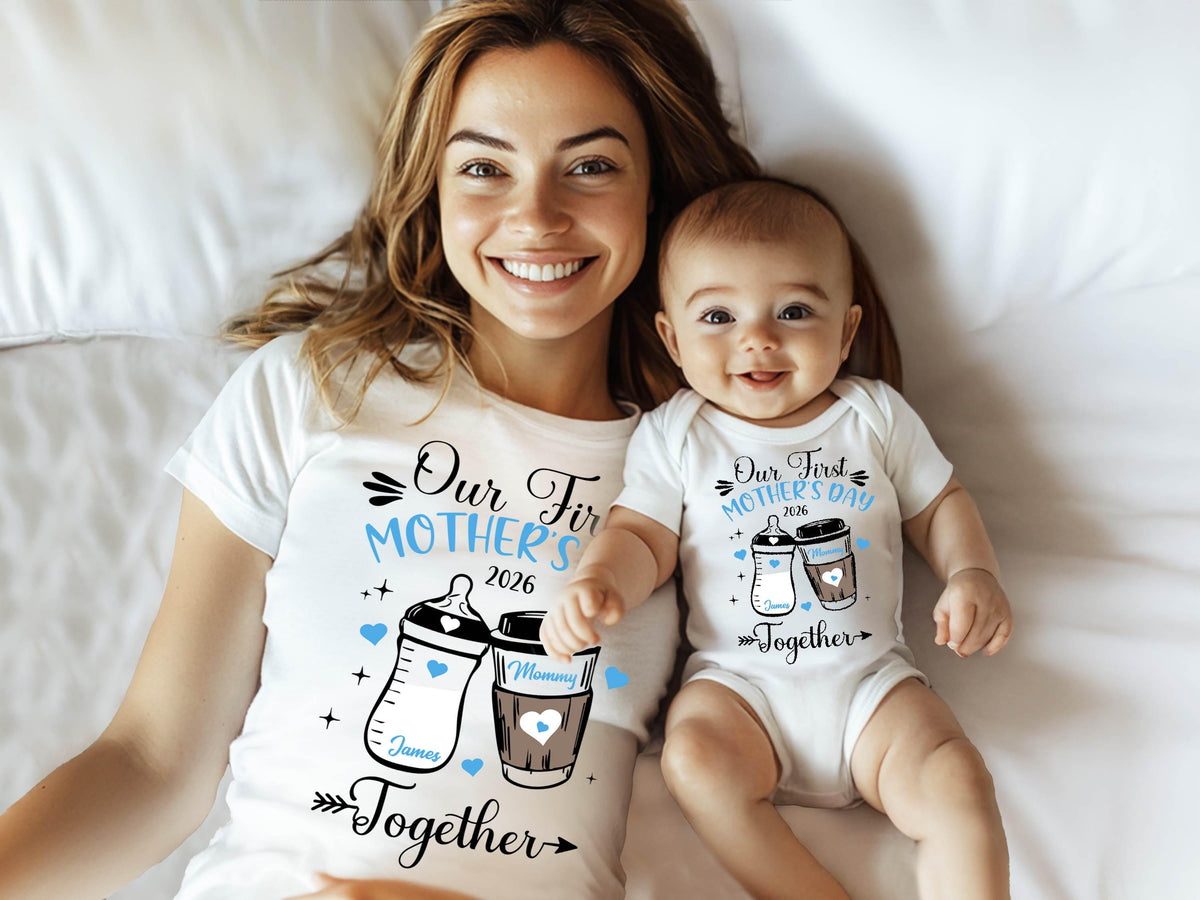 Our First Mothers Day Matching Shirt, Baby Bottle and Cup of Coffee Mothers Day Matching Outfit, First Mothers Day Shirt 2026, New Mom Gifts