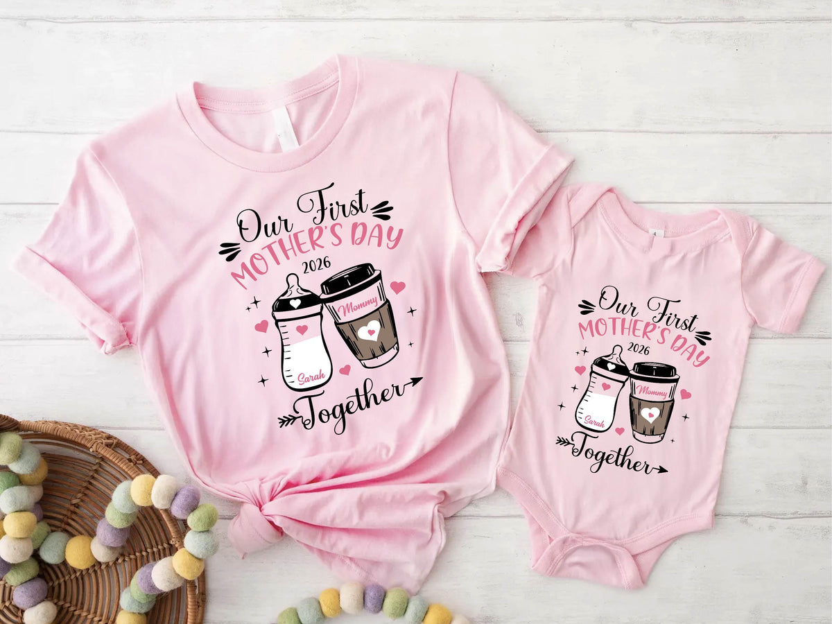 Our First Mothers Day Matching Shirt, Baby Bottle and Cup of Coffee Mothers Day Matching Outfit, First Mothers Day Shirt 2026, New Mom Gifts