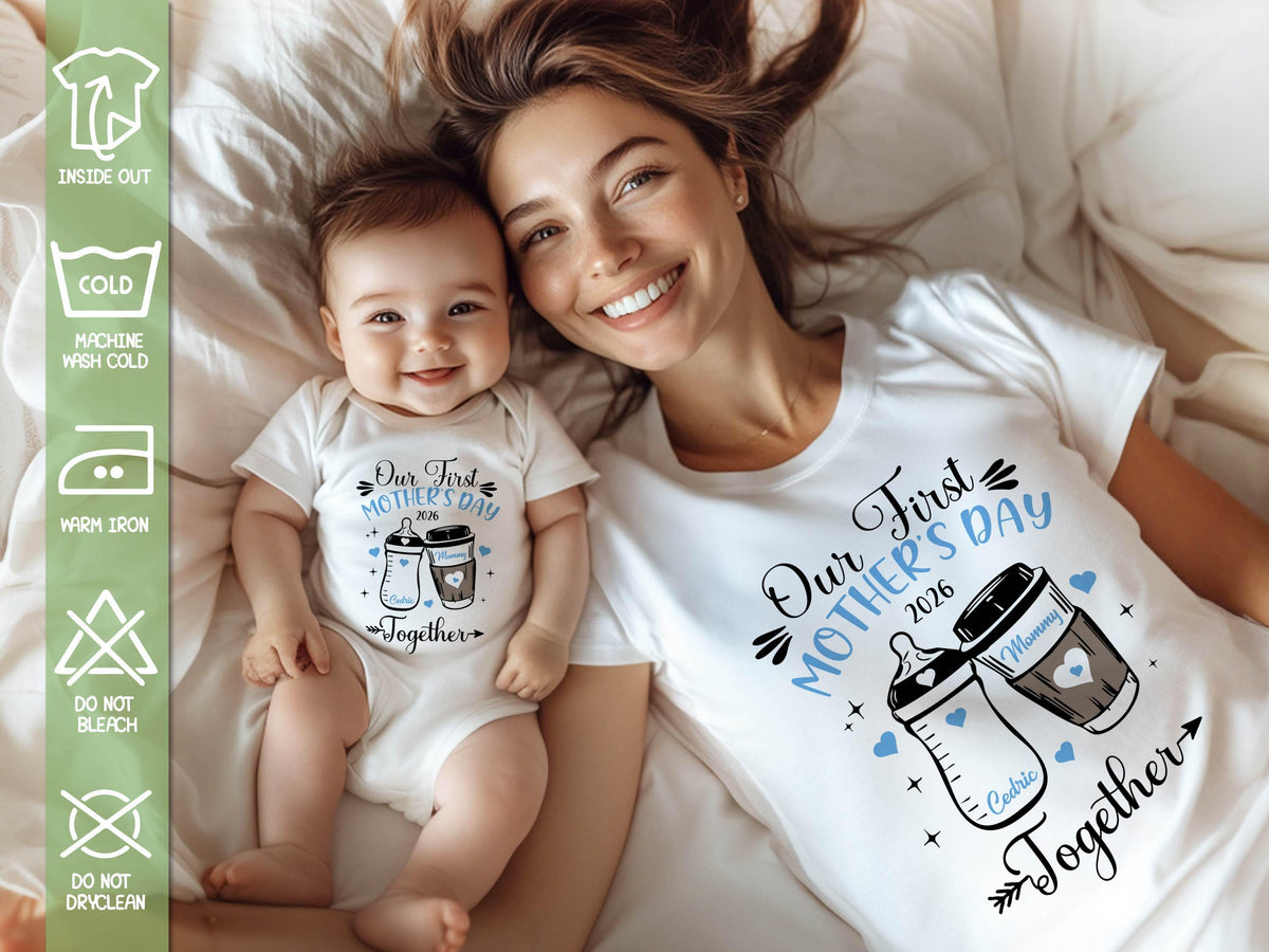 Our First Mothers Day Matching Shirt, Baby Bottle and Cup of Coffee Mothers Day Matching Outfit, First Mothers Day Shirt 2026, New Mom Gifts
