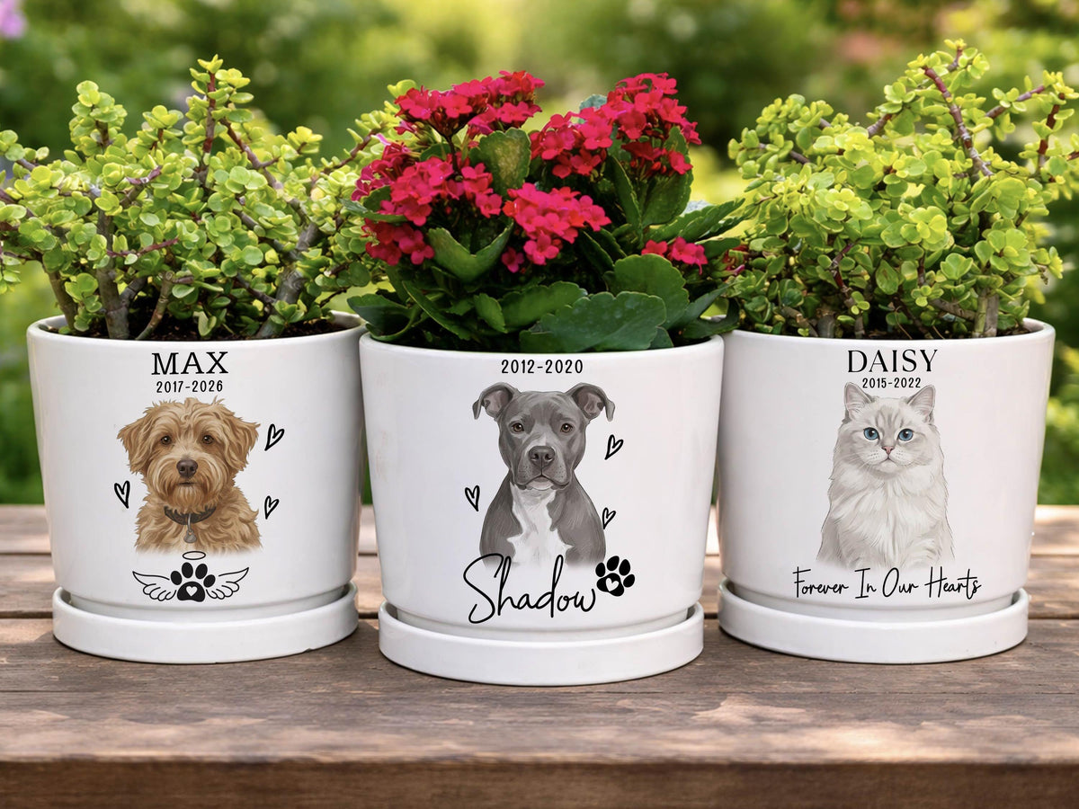 Custom Pet Portrait Planter Pot, Personalized Pet Memorial Gift, Dog Cat Flower Pot, Ceramic Plant Pot, Dog Mom Gift, Pet Loss Remembrance