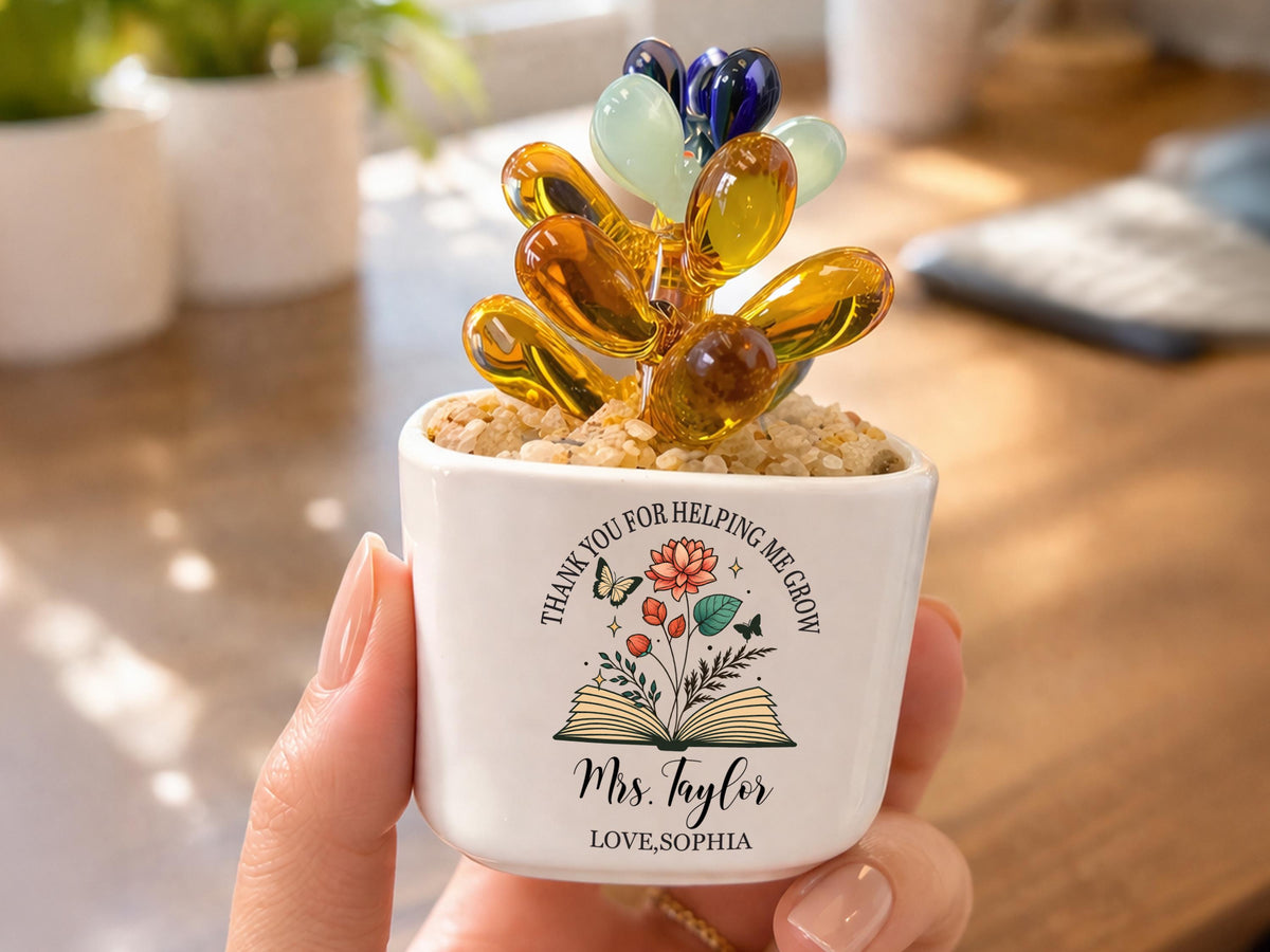 Personalized Teacher Mini Flower Pot, Custom Teacher Appreciation Gifts, Handmade Stained Glass Flower Pot, Thank You Teacher Name Gifts