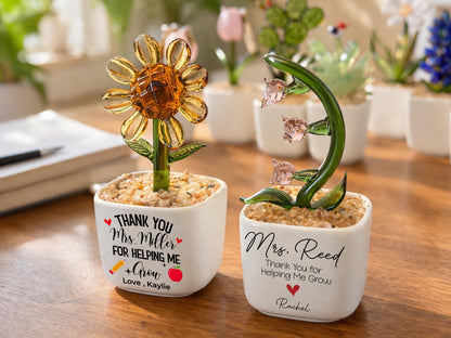 Personalized Teacher Mini Flower Pot, Custom Teacher Appreciation Gifts, Handmade Stained Glass Flower Pot, Thank You Teacher Name Gifts