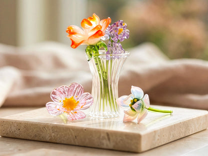 Glass Birth Flower Mom Gifts, Mini Glass Flower with Vase, Handblown Spring Flower Bouquet, Floral Desk Décor, Gift For Her, Birthday Gift