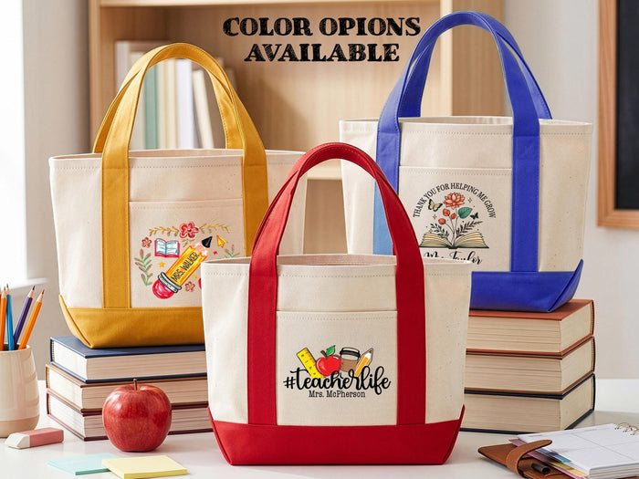Personalized Teacher Tote Bag, Custom Name Teacher Appreciation Gift Custom Canvas Bag for Teacher and School Staff, End of School Year Gift