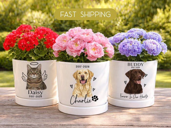 Custom Pet Portrait Planter Pot, Personalized Pet Memorial Gift, Dog Cat Flower Pot, Ceramic Plant Pot, Dog Mom Gift, Pet Loss Remembrance