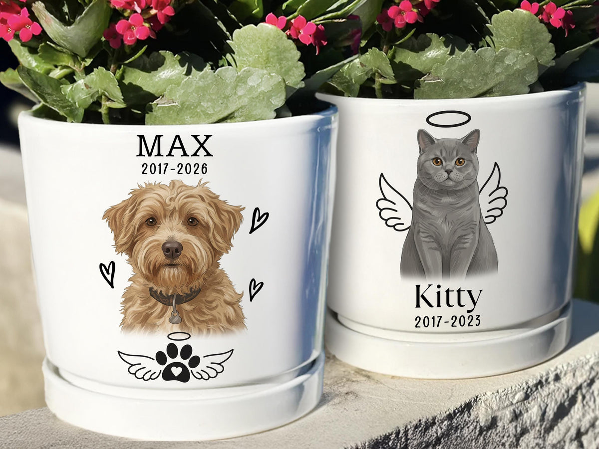 Custom Pet Portrait Planter Pot, Personalized Pet Memorial Gift, Dog Cat Flower Pot, Ceramic Plant Pot, Dog Mom Gift, Pet Loss Remembrance