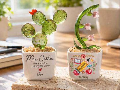 Personalized Teacher Mini Flower Pot, Custom Teacher Appreciation Gifts, Handmade Stained Glass Flower Pot, Thank You Teacher Name Gifts