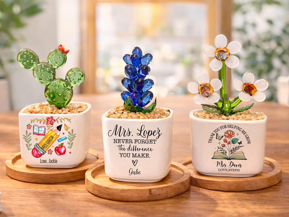 Personalized Teacher Mini Flower Pot, Custom Teacher Appreciation Gifts, Handmade Stained Glass Flower Pot, Thank You Teacher Name Gifts