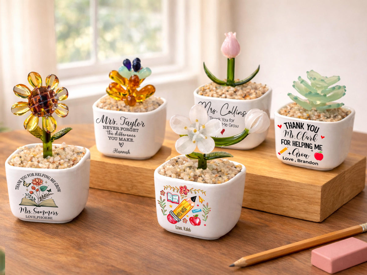 Personalized Teacher Mini Flower Pot, Custom Teacher Appreciation Gifts, Handmade Stained Glass Flower Pot, Thank You Teacher Name Gifts