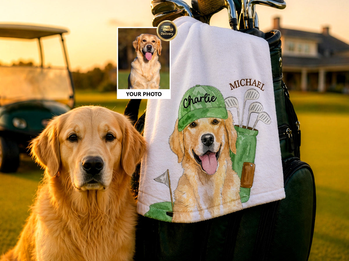 Personalized Pet Portrait Golf Towel with Photo, Dog Dad & Dog Mom Gifts, Cat Dog Lover, Pet Memorial Keepsake