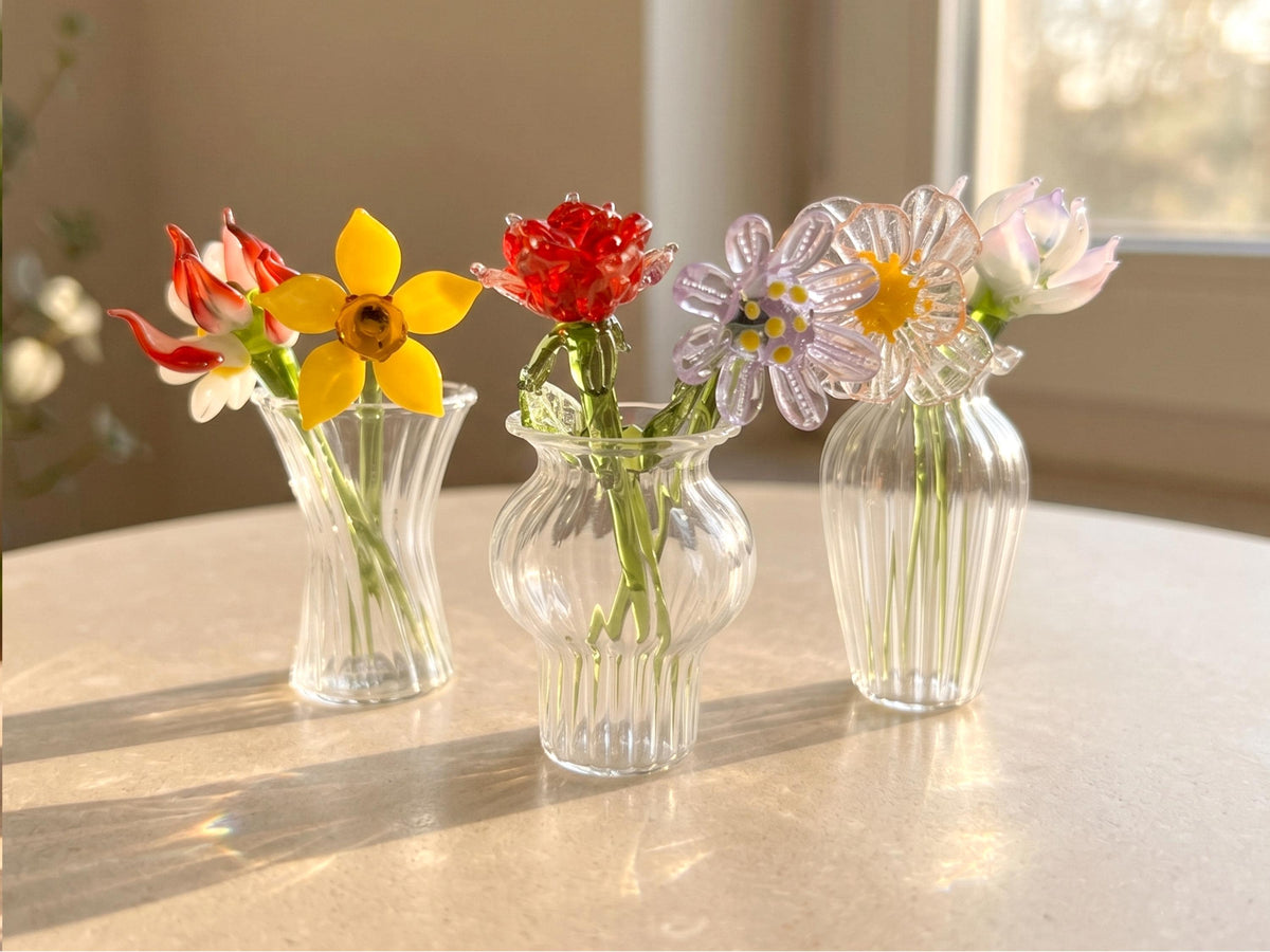 Glass Birth Flower Mom Gifts, Mini Glass Flower with Vase, Handblown Spring Flower Bouquet, Floral Desk Décor, Gift For Her, Birthday Gift