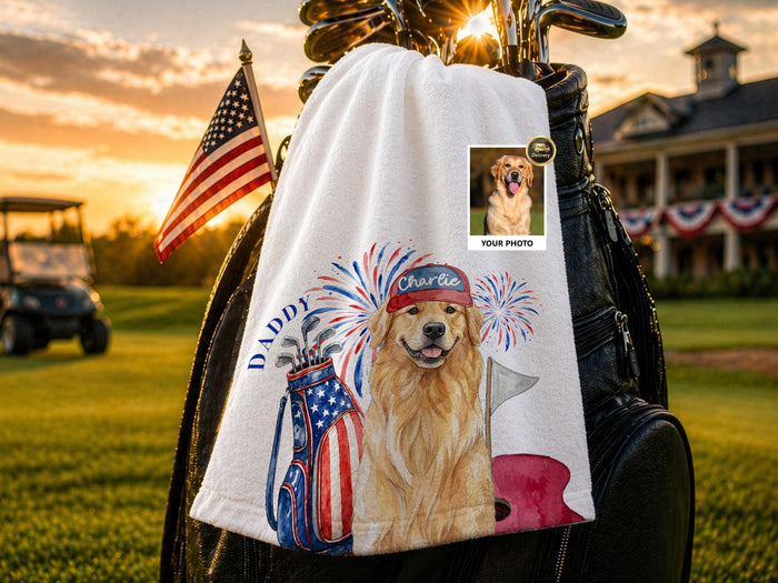 Custom Pet Portrait Golf Towel, 4th of July Patriotic Dog Cat Lover Gift, Personalized Golf Towel for Dog Dad Cat Dad, Pet Memorial Keepsake