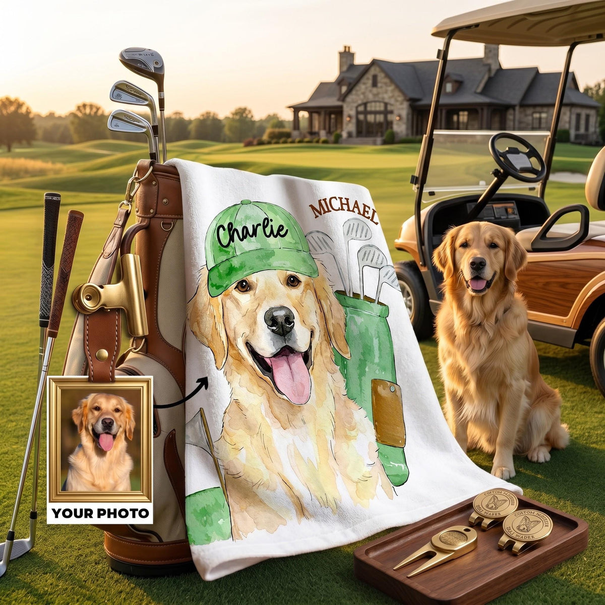 Personalized Pet Portrait Golf Towel with Photo, Dog Dad & Dog Mom Gifts, Cat Dog Lover, Pet Memorial Keepsake