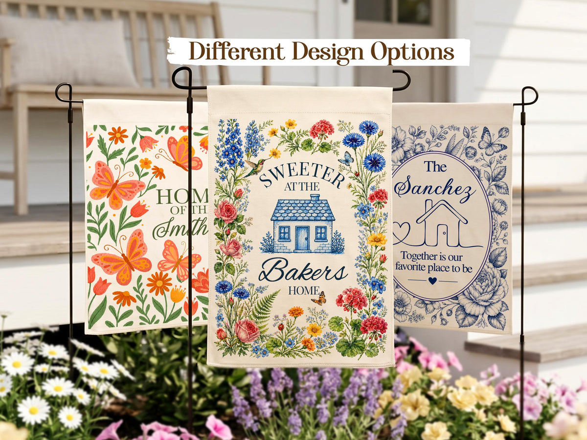 Personalized Floral Garden Flag, Family Name Flag Housewarming Gift, Custom Initial Yard Decor Flag, Watercolor Chinoiseries Flag