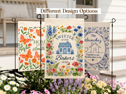 Personalized Floral Garden Flag, Family Name Flag Housewarming Gift, Custom Initial Yard Decor Flag, Watercolor Chinoiseries Flag