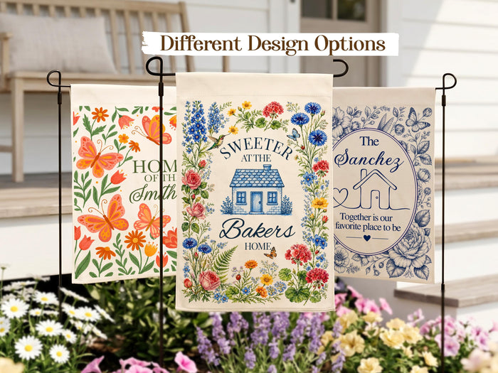 Personalized Floral Garden Flag, Family Name Flag Housewarming Gift, Custom Initial Yard Decor Flag, Watercolor Chinoiserie Flag