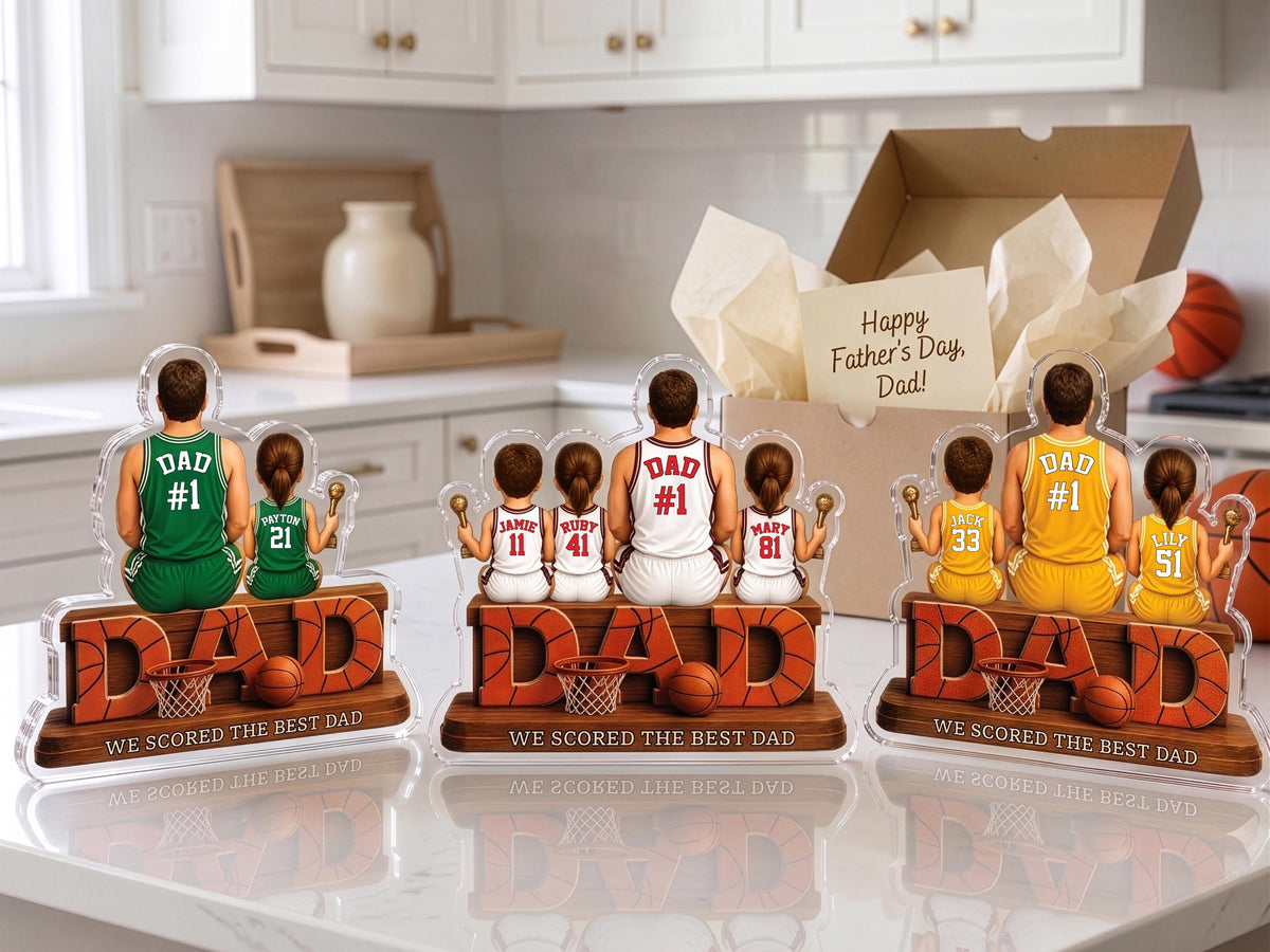 Personalized Basketball Dad Gift, We Scored The Best Dad Sign, 2D Acrylic Plaque with Kids Names, Father's Day Gift for Grandpa Husband