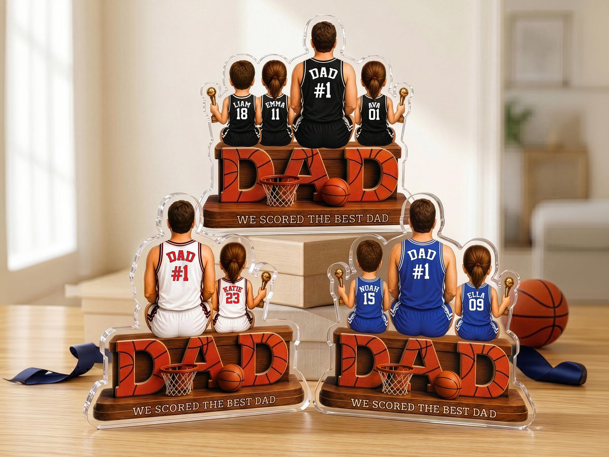 Personalized Basketball Dad Gift, We Scored The Best Dad Sign, 2D Acrylic Plaque with Kids Names, Father's Day Gift for Grandpa Husband