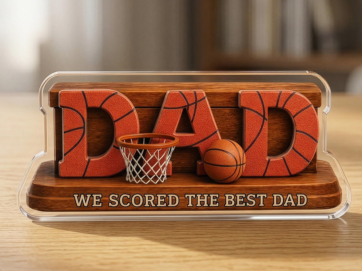 Personalized Basketball Dad Gift, We Scored The Best Dad Sign, 2D Acrylic Plaque with Kids Names, Father's Day Gift for Grandpa Husband