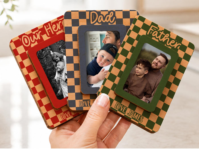 Personalized Photo Car Visor Clip for Dad, Checkered Wooden Fridge Magnet Picture Frame, Father's Day Gift from Kids for Dad Grandpa Papa