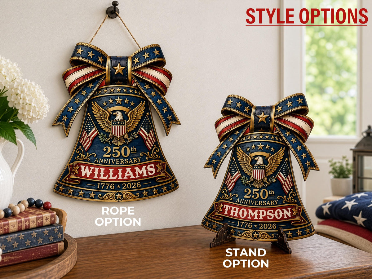 Personalized USA 250 Liberty Bell Sign, Custom Family Name Patriotic Door Hanger, 4th of July Wooden Door Sign, 1776-2026 America Decor