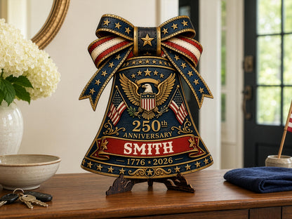 Personalized USA 250 Liberty Bell Sign, Custom Family Name Patriotic Door Hanger, 4th of July Wooden Door Sign, 1776-2026 America Decor