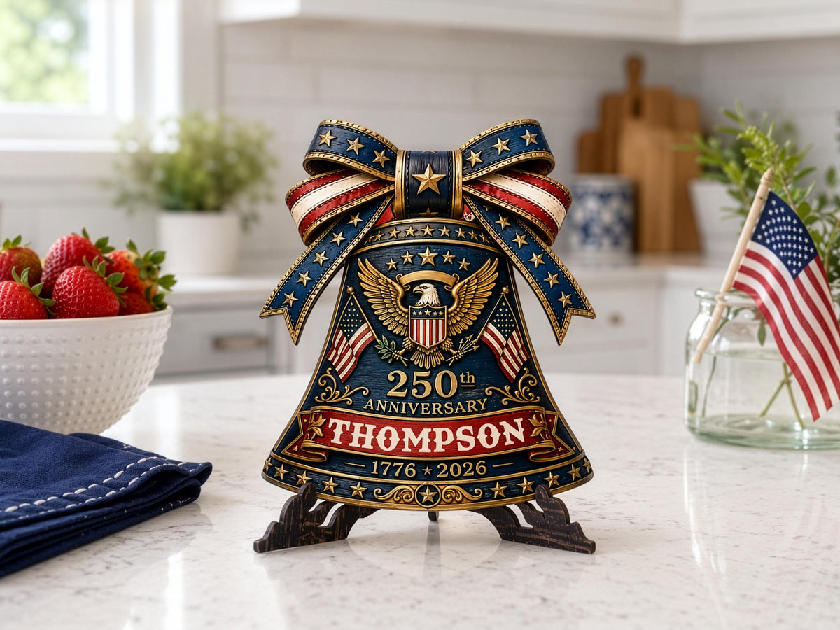 Personalized USA 250 Liberty Bell Sign, Custom Family Name Patriotic Door Hanger, 4th of July Wooden Door Sign, 1776-2026 America Decor