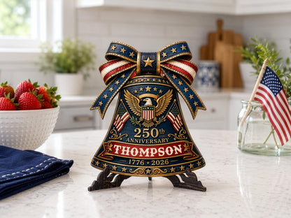 Personalized USA 250 Liberty Bell Sign, Custom Family Name Patriotic Door Hanger, 4th of July Wooden Door Sign, 1776-2026 America Decor