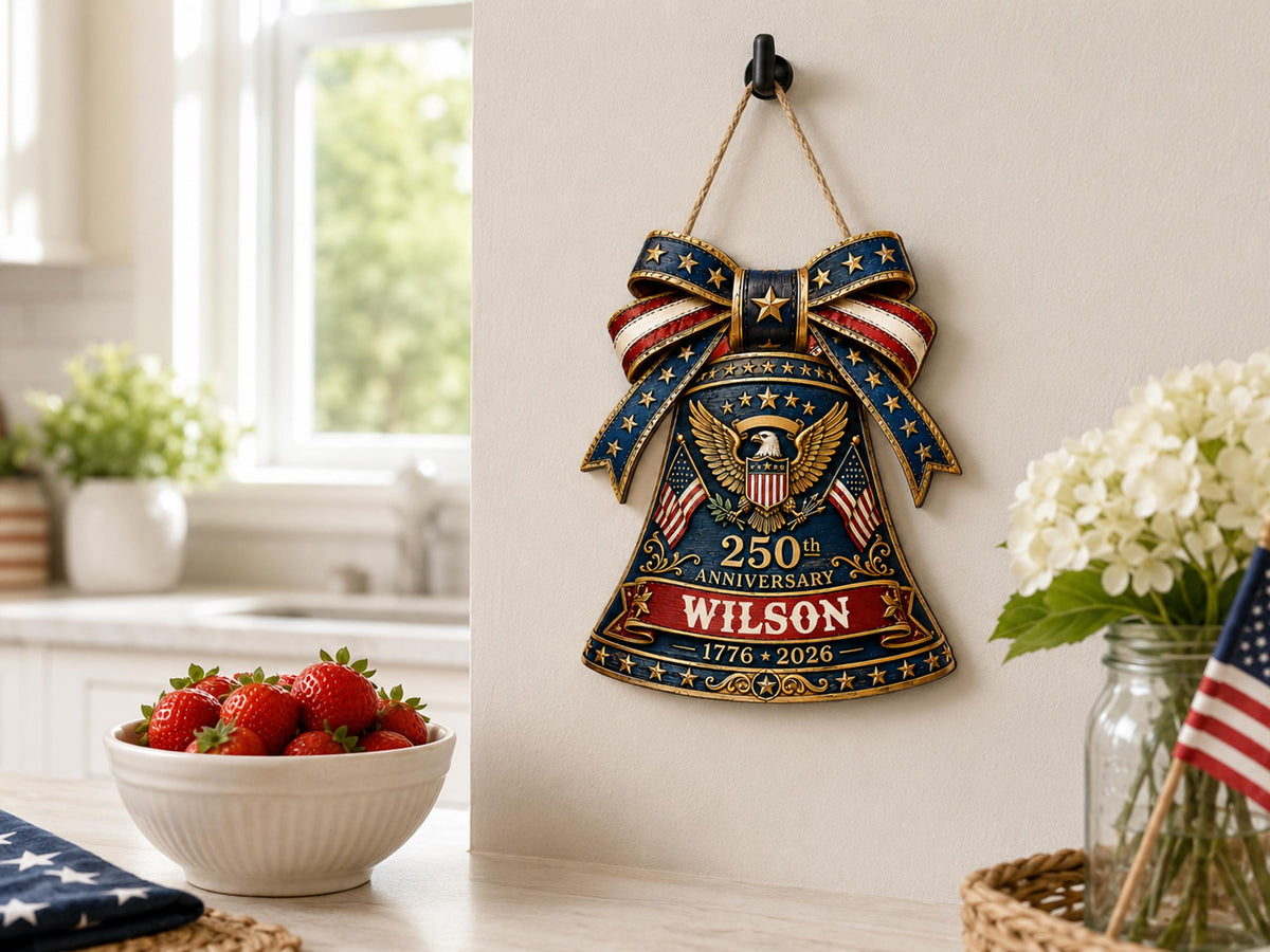Personalized USA 250 Liberty Bell Sign, Custom Family Name Patriotic Door Hanger, 4th of July Wooden Door Sign, 1776-2026 America Decor