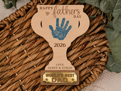 Personalized Father’s Day Handprint Trophy Sign, World's Best Dad Award, Kids Handprint Keepsake, Dad Wood Sign with Kids Names Dad Gift