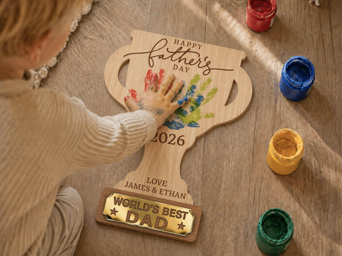 Personalized Father’s Day Handprint Trophy Sign, World's Best Dad Award, Kids Handprint Keepsake, Dad Wood Sign with Kids Names Dad Gift
