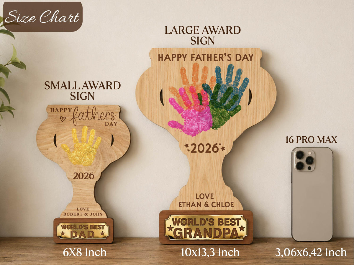 Personalized Father’s Day Handprint Trophy Sign, World's Best Dad Award, Kids Handprint Keepsake, Dad Wood Sign with Kids Names Dad Gift
