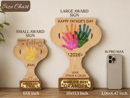 Personalized Father’s Day Handprint Trophy Sign, World's Best Dad Award, Kids Handprint Keepsake, Dad Wood Sign with Kids Names Dad Gift