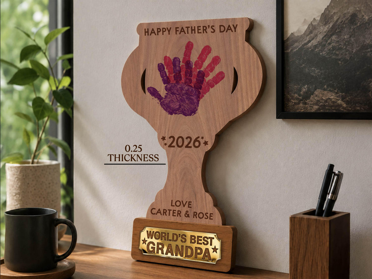 Personalized Father’s Day Handprint Trophy Sign, World's Best Dad Award, Kids Handprint Keepsake, Dad Wood Sign with Kids Names Dad Gift