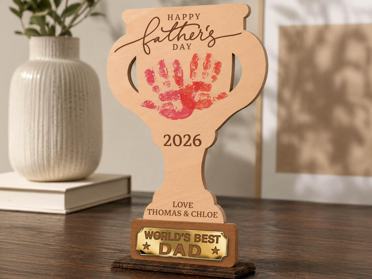 Personalized Father’s Day Handprint Trophy Sign, World's Best Dad Award, Kids Handprint Keepsake, Dad Wood Sign with Kids Names Dad Gift