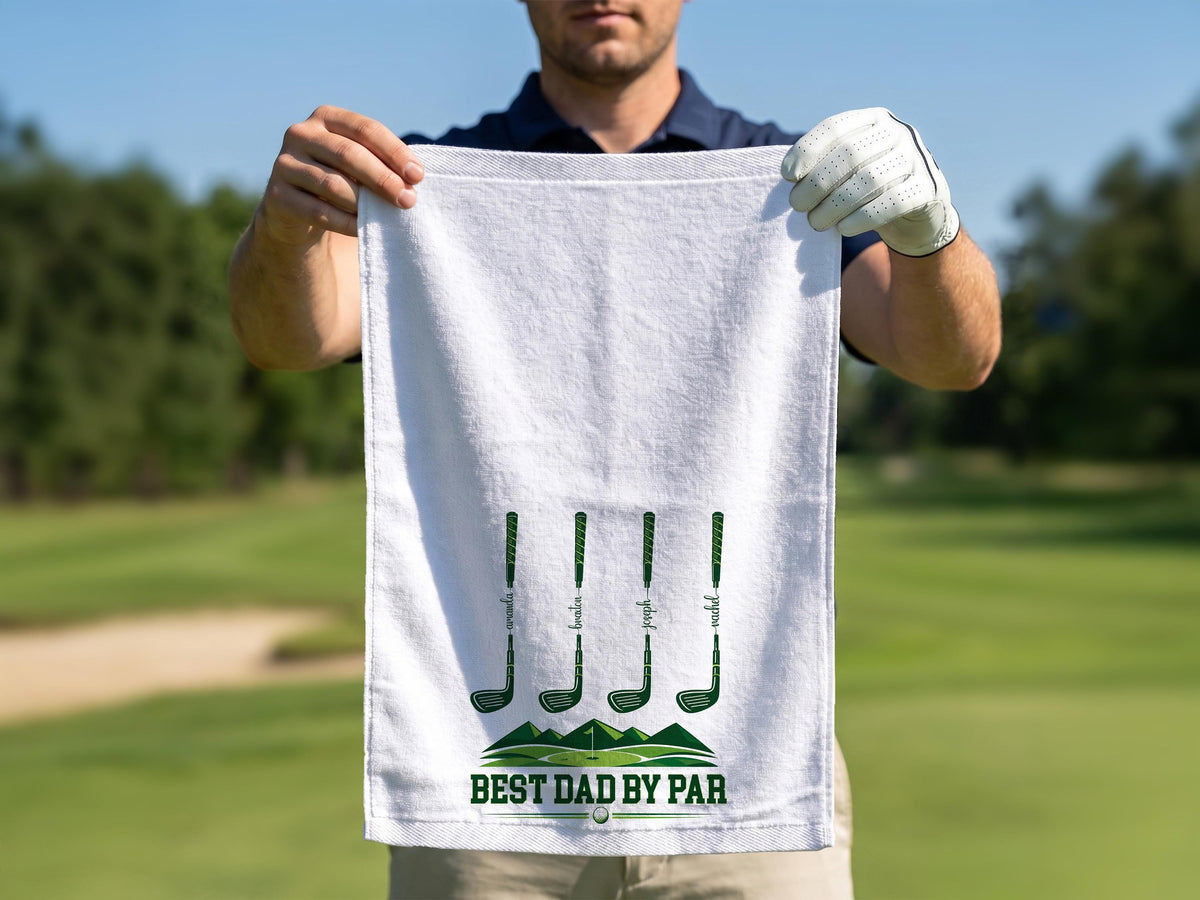 Personalized Golf Towel for Dad, Best Dad By Par Gift with Kids Names, Custom Father’s Day Golf Gift for Dad Grandpa, Golf Lover Gift