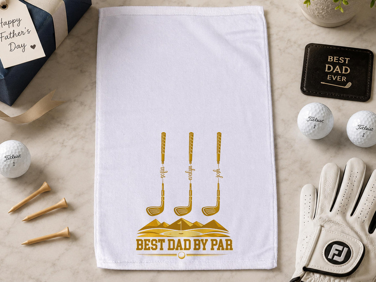 Personalized Golf Towel for Dad, Best Dad By Par Gift with Kids Names, Custom Father’s Day Golf Gift for Dad Grandpa, Golf Lover Gift