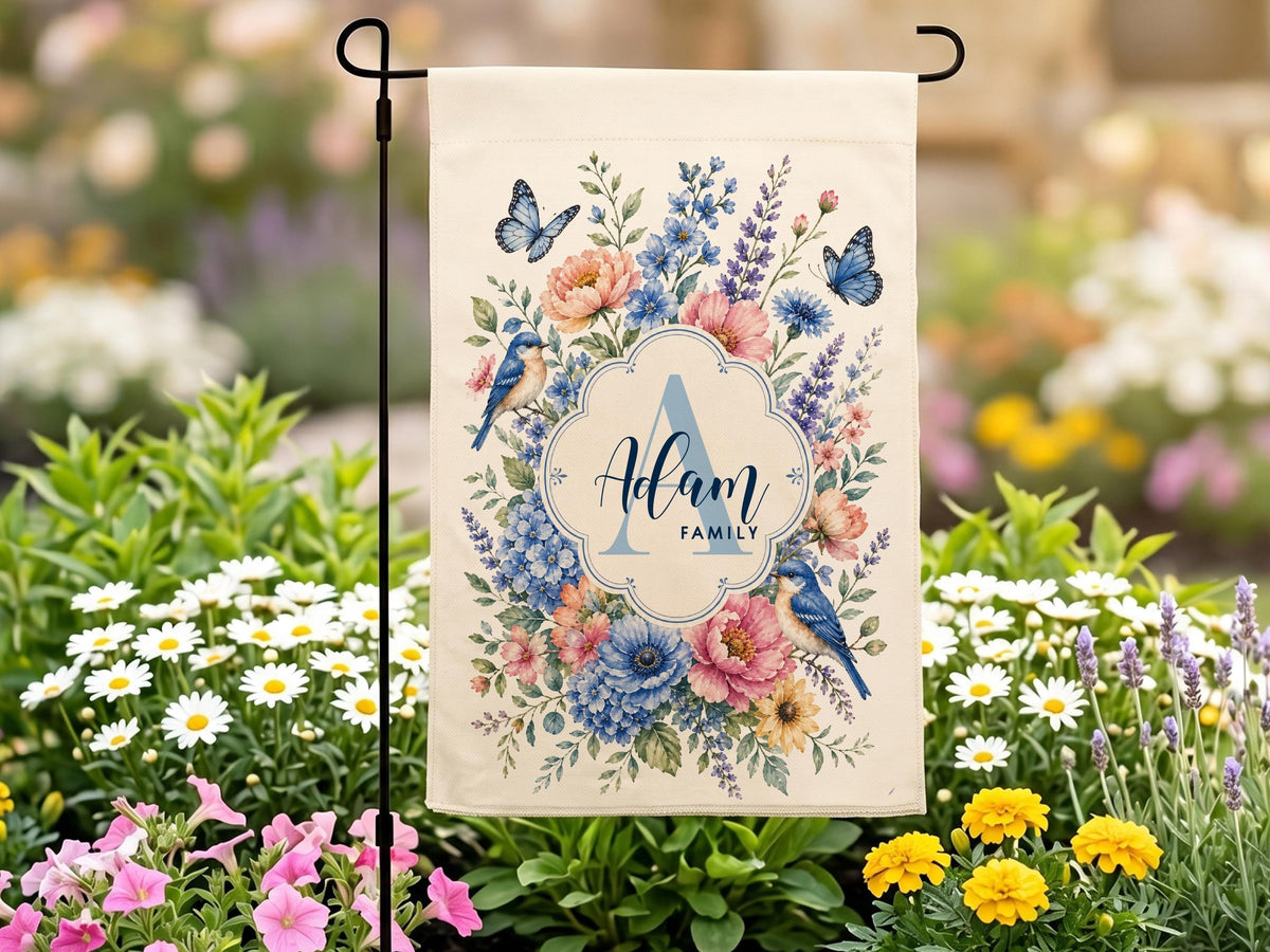 Personalized Floral Garden Flag, Family Name Flag Housewarming Gift, Custom Initial Yard Decor Flag, Watercolor Chinoiseries Flag
