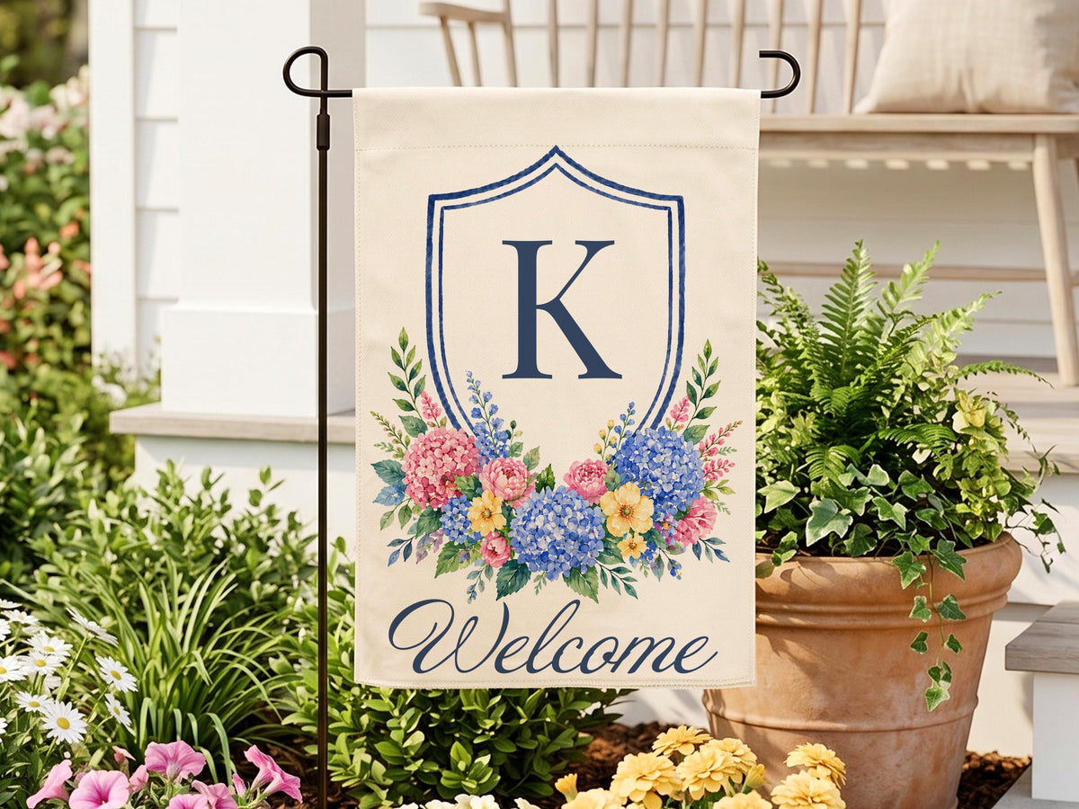 Personalized Floral Garden Flag, Family Name Flag Housewarming Gift, Custom Initial Yard Decor Flag, Watercolor Chinoiseries Flag